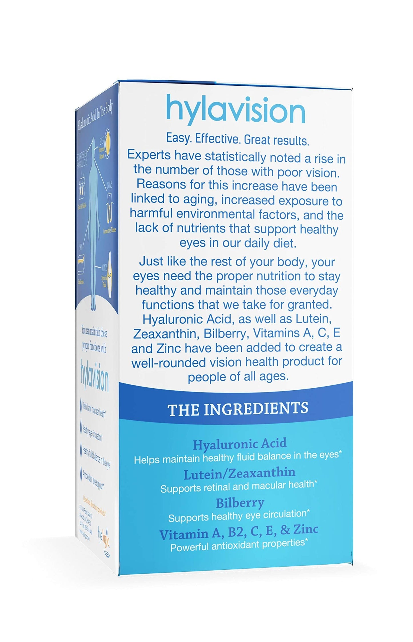 HylaVision Eye Health Supplement - Hyaluronic Acid, Lutein & Zeaxanthin | Eye Vitamins A, C, E and Zinc | 120 Capsules