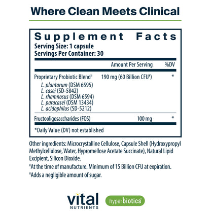 Hyperbiotics Vital Nutrients Prebiotic & Probiotic – 60B CFU, 30 Vegan Capsules