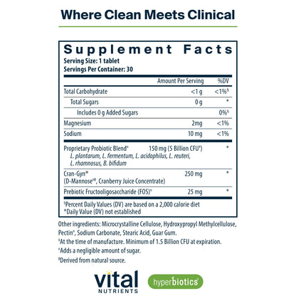 Hyperbiotics Vital Nutrients Pro Women Probiotics – Vaginal & Urinary Health | 6 Strains | 30 Vegan Tablets