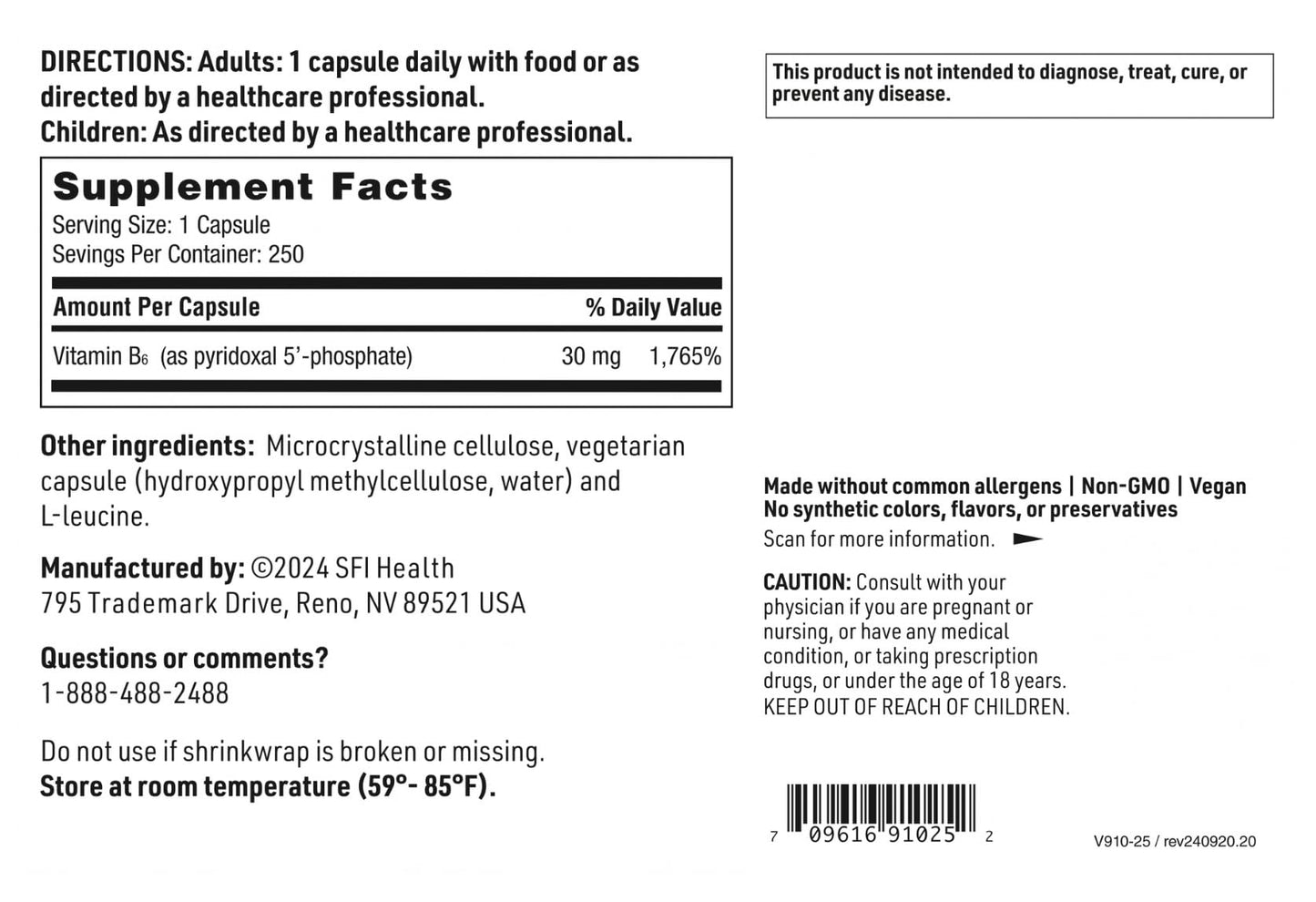 Klaire Labs SFI Health P-5-P 30 mg Vitamin B6 – Bioactive, Hypoallergenic (250 Capsules)