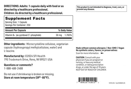 Klaire Labs SFI Health P-5-P 30 mg Vitamin B6 – Bioactive, Hypoallergenic (250 Capsules)