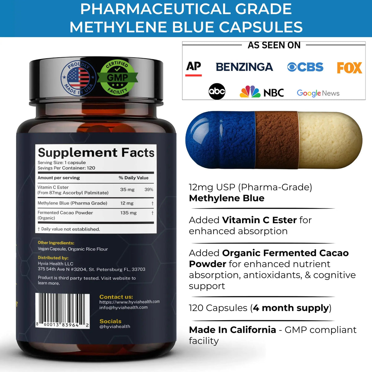 Hyvia Health Methylene Blue Capsules with Vitamin C – 120ct, USP Grade, Made in USA BritishVita | Premium UK Vitamins & Wellness Supplements