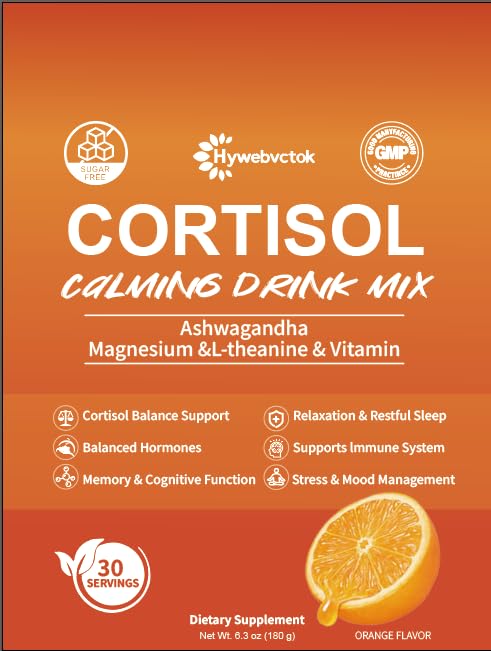 Hywebvctok Cortisol Drink Powder – Natural Cortisol Supplement for Women & Men | Ashwagandha, L-Theanine, Turmeric, Black Pepper | 6.3 oz