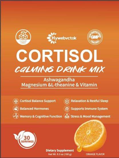 Hywebvctok Cortisol Drink Powder – Natural Cortisol Supplement for Women & Men | Ashwagandha, L-Theanine, Turmeric, Black Pepper | 6.3 oz