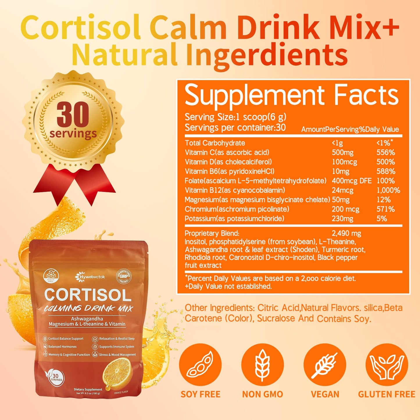 Hywebvctok Cortisol Drink Powder – Natural Cortisol Supplement for Women & Men | Ashwagandha, L-Theanine, Turmeric, Black Pepper | 6.3 oz