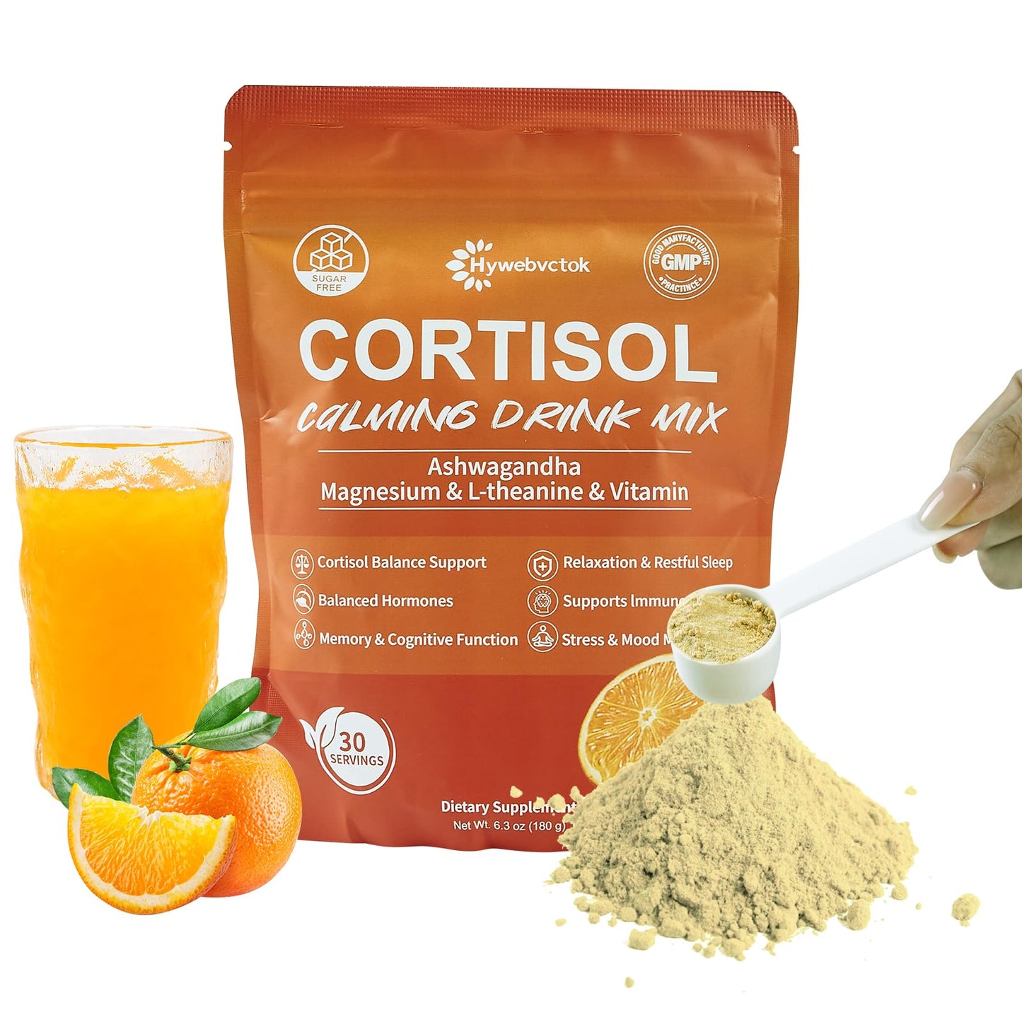 Hywebvctok Cortisol Drink Powder – Natural Cortisol Supplement for Women & Men | Ashwagandha, L-Theanine, Turmeric, Black Pepper | 6.3 oz