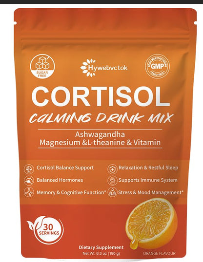 Hywebvctok Cortisol Drink Powder – Natural Cortisol Supplement for Women & Men | Ashwagandha, L-Theanine, Turmeric, Black Pepper | 6.3 oz