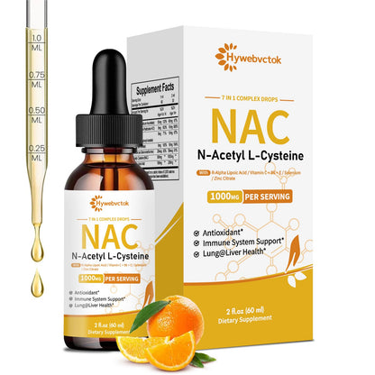 Hywebvctok Liquid NAC Drops 1000 MG – N-Acetyl Cysteine with R-Alpha Lipoic Acid | Immune Support, Liver & Lung Health | Orange Flavor