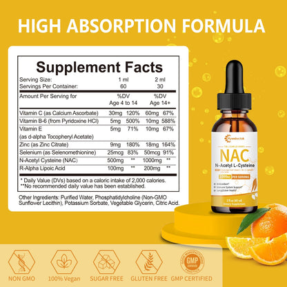 Hywebvctok Liquid NAC Drops 1000 MG – N-Acetyl Cysteine with R-Alpha Lipoic Acid | Immune Support, Liver & Lung Health | Orange Flavor