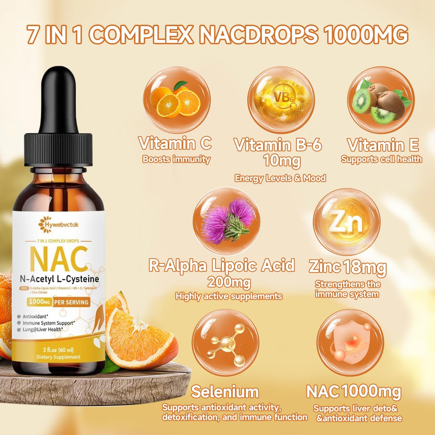 Hywebvctok Liquid NAC Drops 1000 MG – N-Acetyl Cysteine with R-Alpha Lipoic Acid | Immune Support, Liver & Lung Health | Orange Flavor