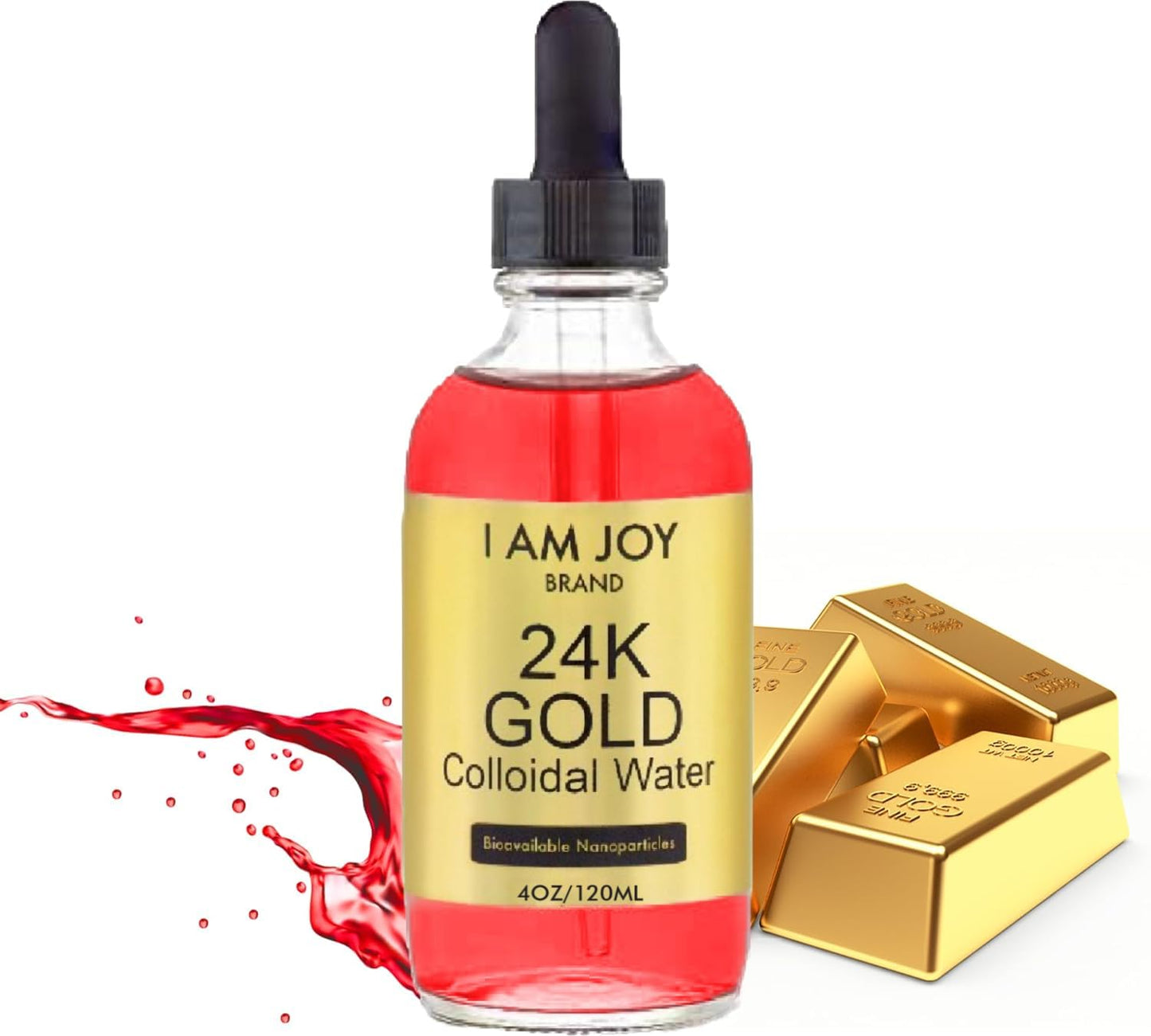 I Am Joy Colloidal Gold 24K - 99.99% Pure, 100ppm Ruby Red (4oz Glass Bottle)