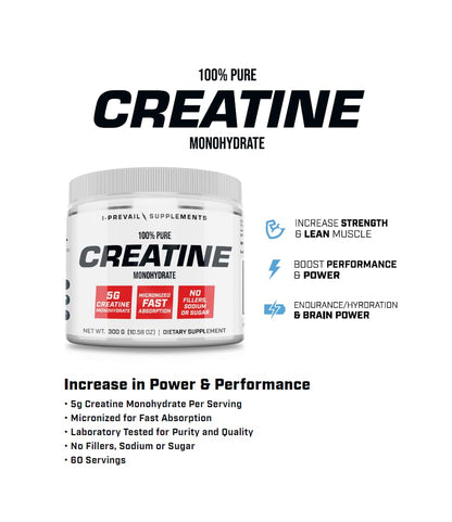 I-Prevail Supplements 100% Pure Creatine Monohydrate Powder Micronized – No Fillers – No Sodium – No Sugar | 5 Grams per Serving | 300 Grams – 60 Servings