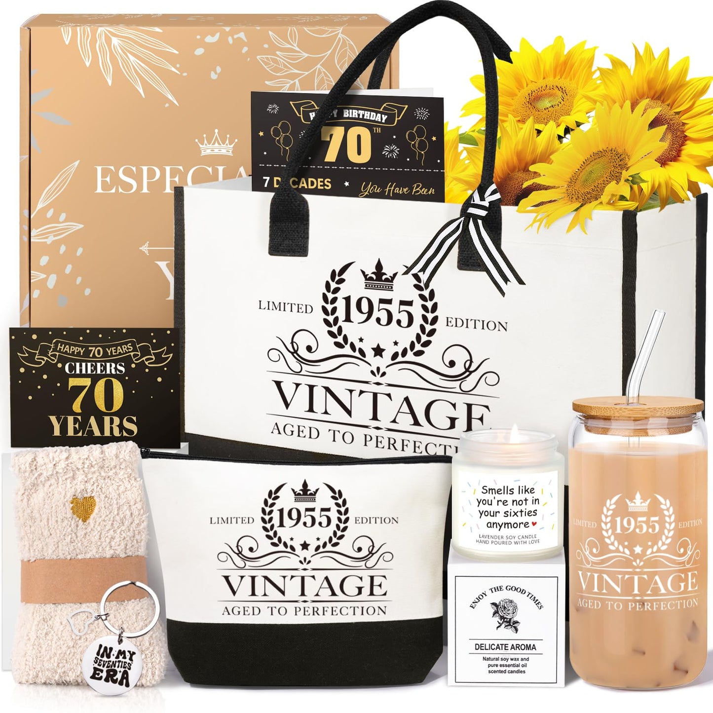 iAOVUEBY 70th Birthday Gifts for Women - Tote, Tumbler & Gift Set