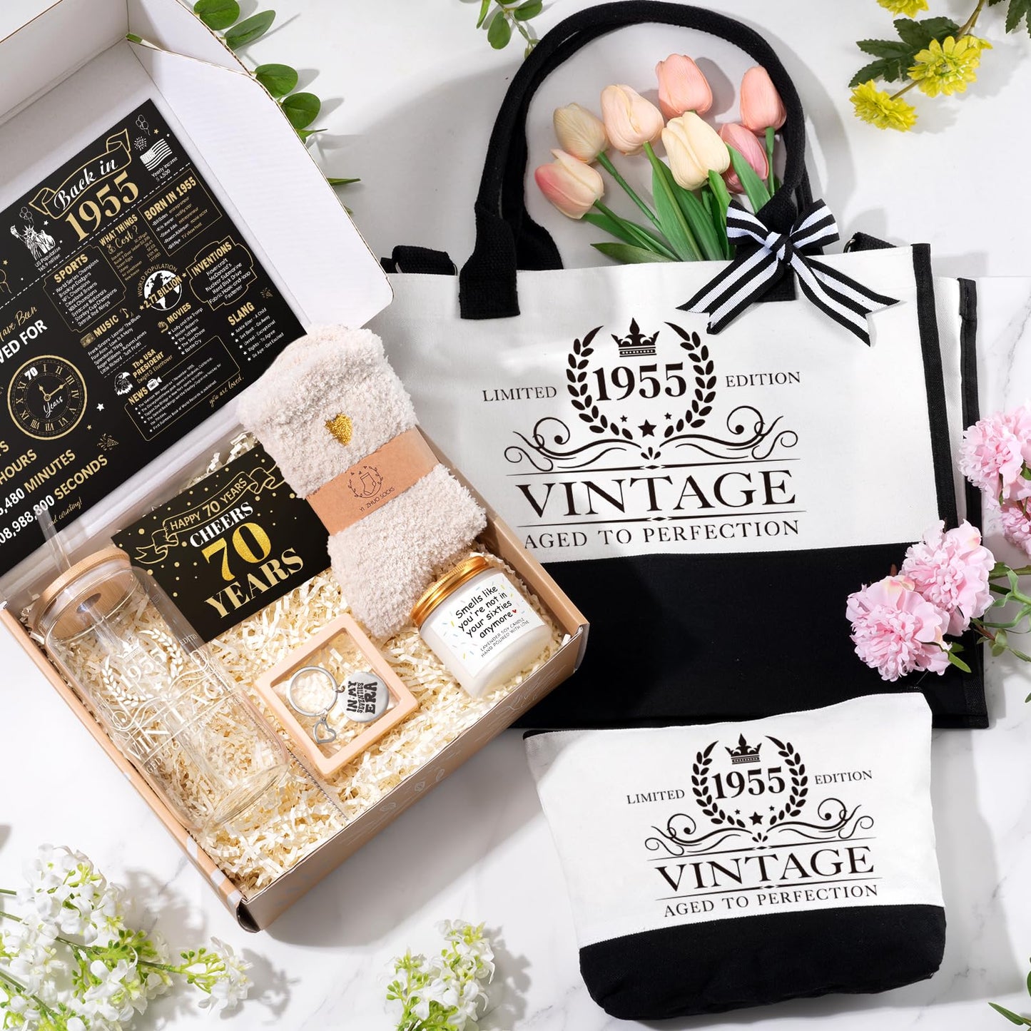 iAOVUEBY 70th Birthday Gifts for Women - Tote, Tumbler & Gift Set