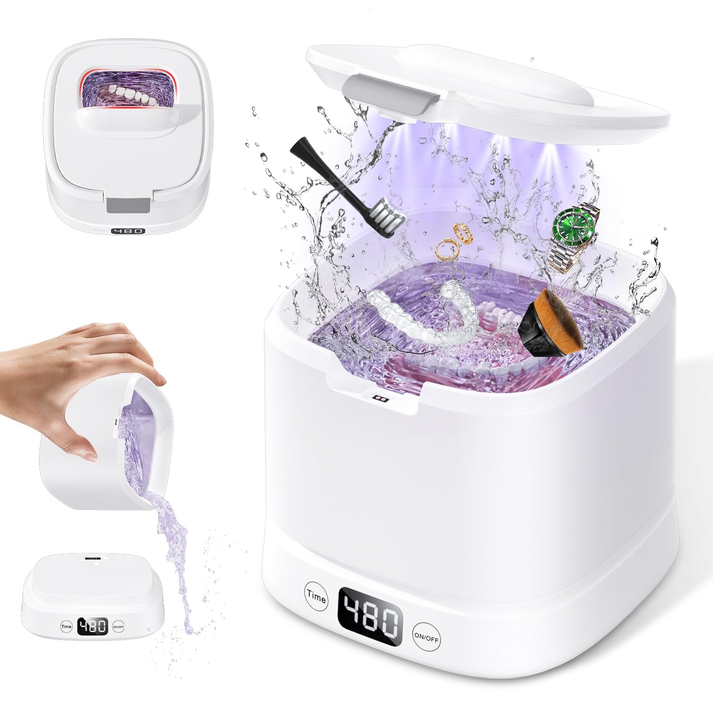 IAULF Ultrasonic Retainer Cleaner Machine – 45kHz Cleaning for Dentures, Aligners, Braces, Jewelry | 319ml (White)