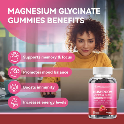 Inner Brightness 12-in-1 Mushroom Gummies 3000mg – Focus & Energy, Mixed Berry, 60ct