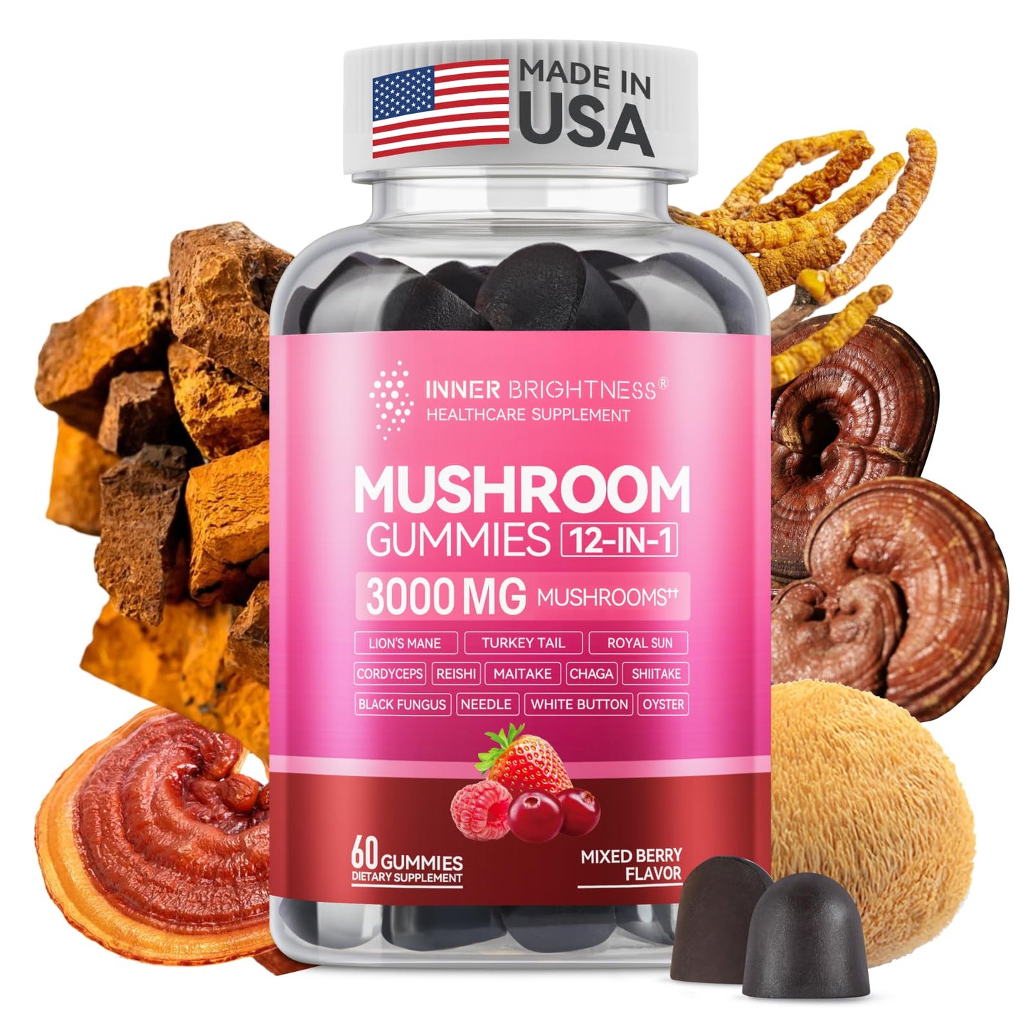 Inner Brightness 12-in-1 Mushroom Gummies 3000mg – Focus & Energy, Mixed Berry, 60ct