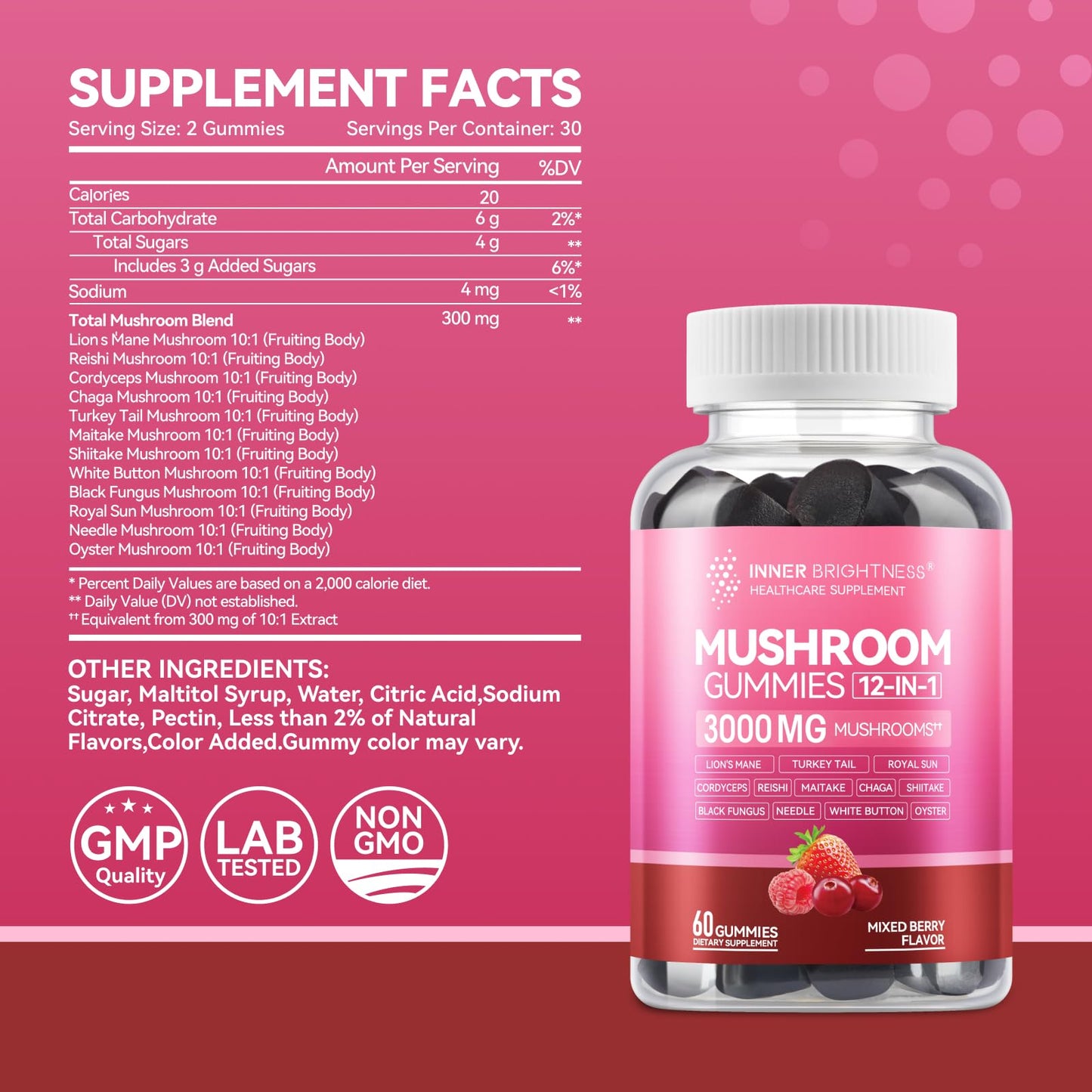 Inner Brightness 12-in-1 Mushroom Gummies 3000mg – Focus & Energy, Mixed Berry, 60ct