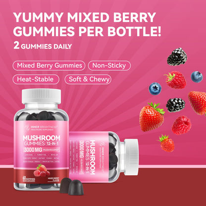 Inner Brightness 12-in-1 Mushroom Gummies 3000mg – Focus & Energy, Mixed Berry, 60ct