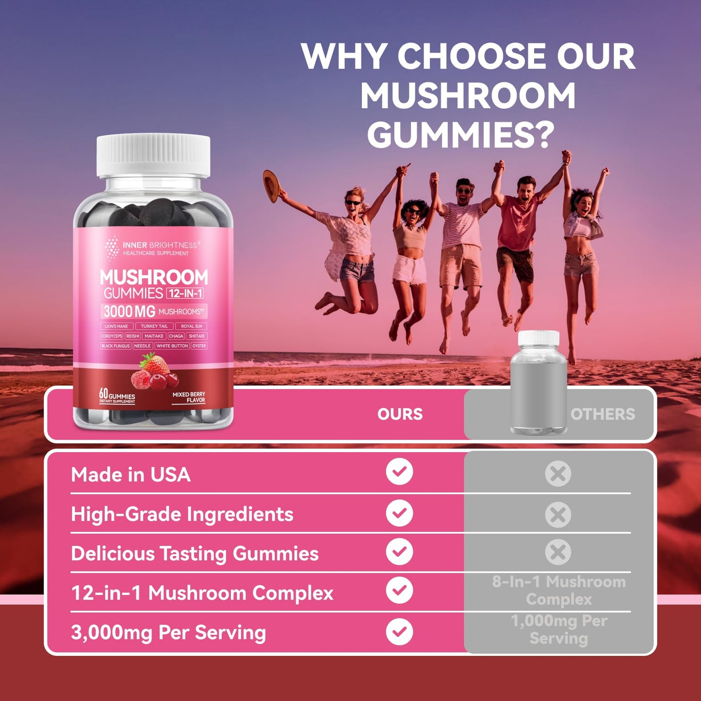 Inner Brightness 12-in-1 Mushroom Gummies 3000mg – Focus & Energy, Mixed Berry, 60ct