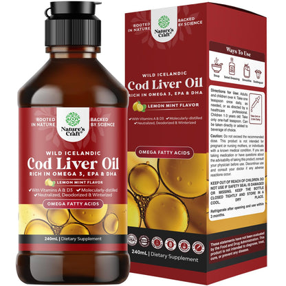Icelandic Wild-Caught Cod Liver Oil Liquid – Omega-3 (EPA/DHA), Vitamins A & D | 240 ml (8 oz)