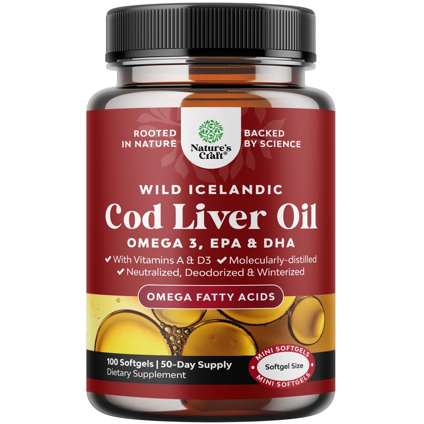 Icelandic Wild Caught Cod Liver Oil Softgels - 1000mg Omega-3 (EPA/DHA) + Vitamins A & D