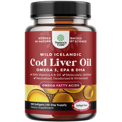 Icelandic Wild Caught Cod Liver Oil Softgels - 1000mg Omega-3 (EPA/DHA) + Vitamins A & D