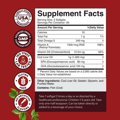 Icelandic Wild Caught Cod Liver Oil Softgels - 1000mg Omega-3 (EPA/DHA) + Vitamins A & D