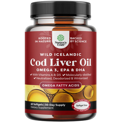 Icelandic Wild Caught Cod Liver Oil Softgels | 1000mg Omega-3 (EPA & DHA) | 60 Count