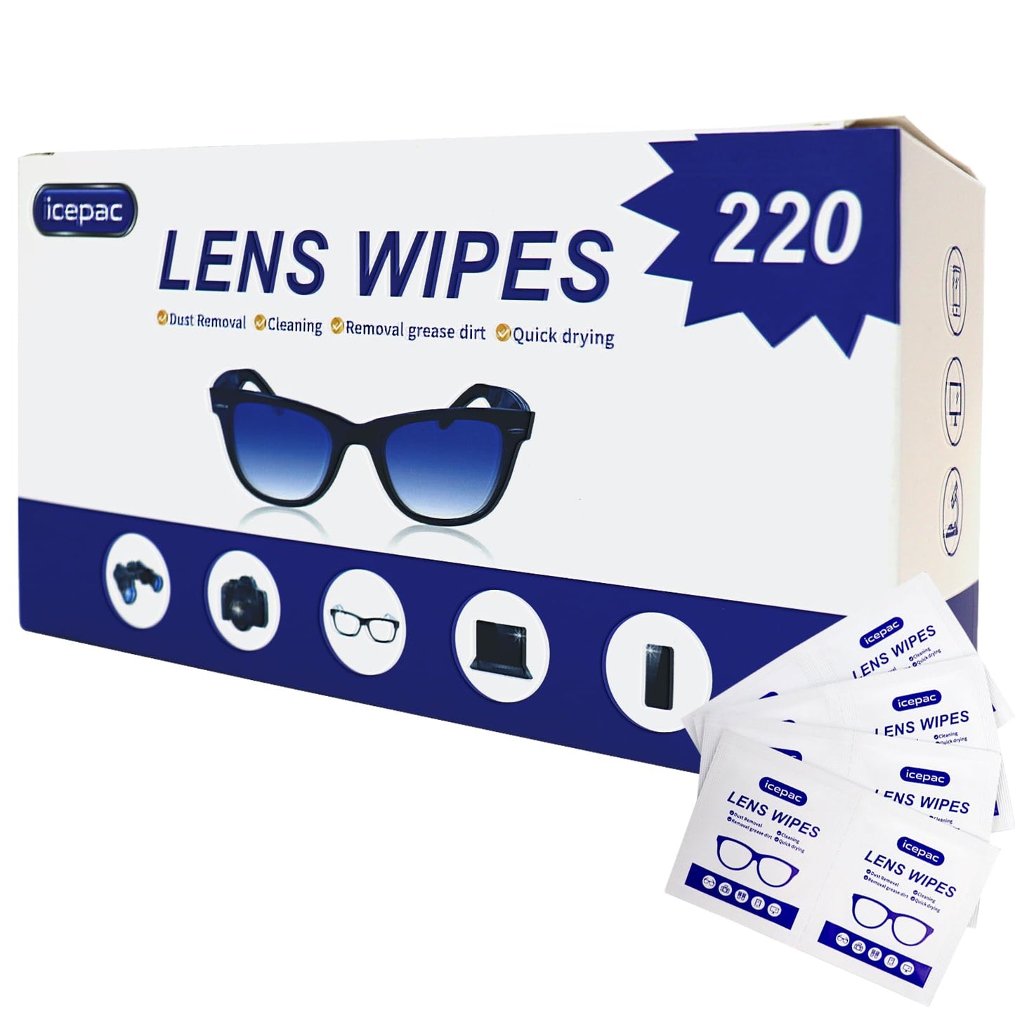 Icepac Lens Wipes - 220 Pre-Moistened Wipes for Glasses & Screens