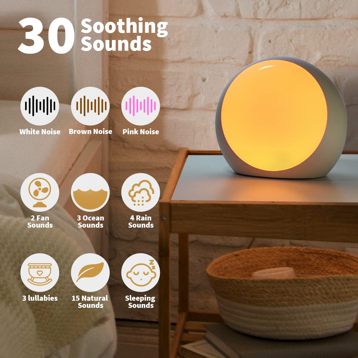 iDealSleep Brown Noise Machine — 30 Soothing Sounds, 12 Night Lights, Auto-Off Timer