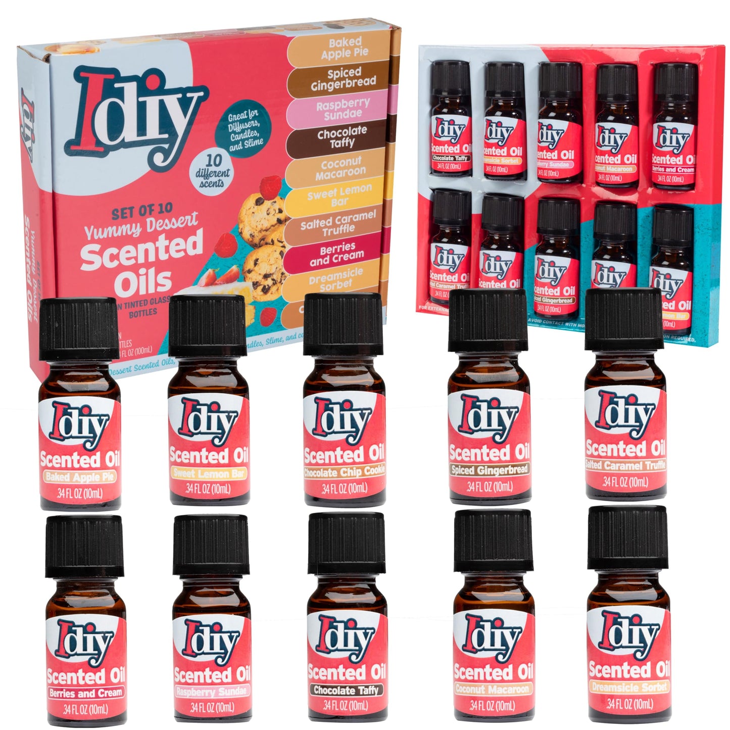 Idiy Yummy Dessert Scented Oils (10 Pack) – 10ml Glass Bottles for Diffusers, Aromatherapy, Slime & Crafts