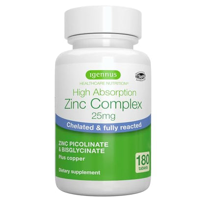 Igennus Clean Chelated Zinc 25mg with Copper, Picolinate & Bisglycinate – 180 Tablets (6 Month) | Immune Support & Skin