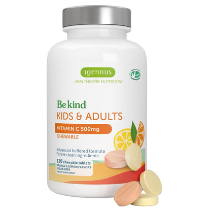 Igennus Gentle Buffered Vitamin C Chewable 500mg — Kids & Adults | Dual-Form Absorption | Sugar-Free Orange & Lemon