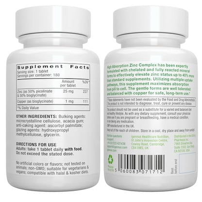 Igennus Clean Chelated Zinc 25mg with Copper, Picolinate & Bisglycinate – 180 Tablets (6 Month) | Immune Support & Skin