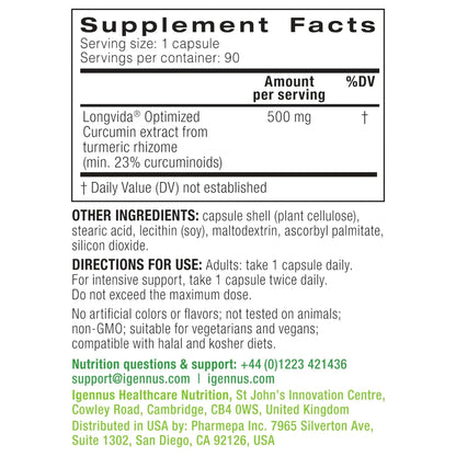 Igennus Longvida Curcumin 500mg – Ultra Bioavailable, 65x Plasma Levels, 90 Vegan Capsules BritishVita | Premium UK Vitamins & Wellness Supplements
