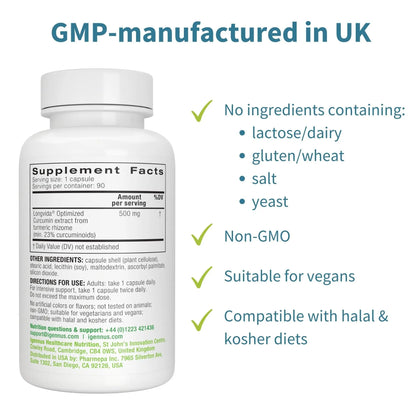 Igennus Longvida Curcumin 500mg – Ultra Bioavailable, 65x Plasma Levels, 90 Vegan Capsules BritishVita | Premium UK Vitamins & Wellness Supplements