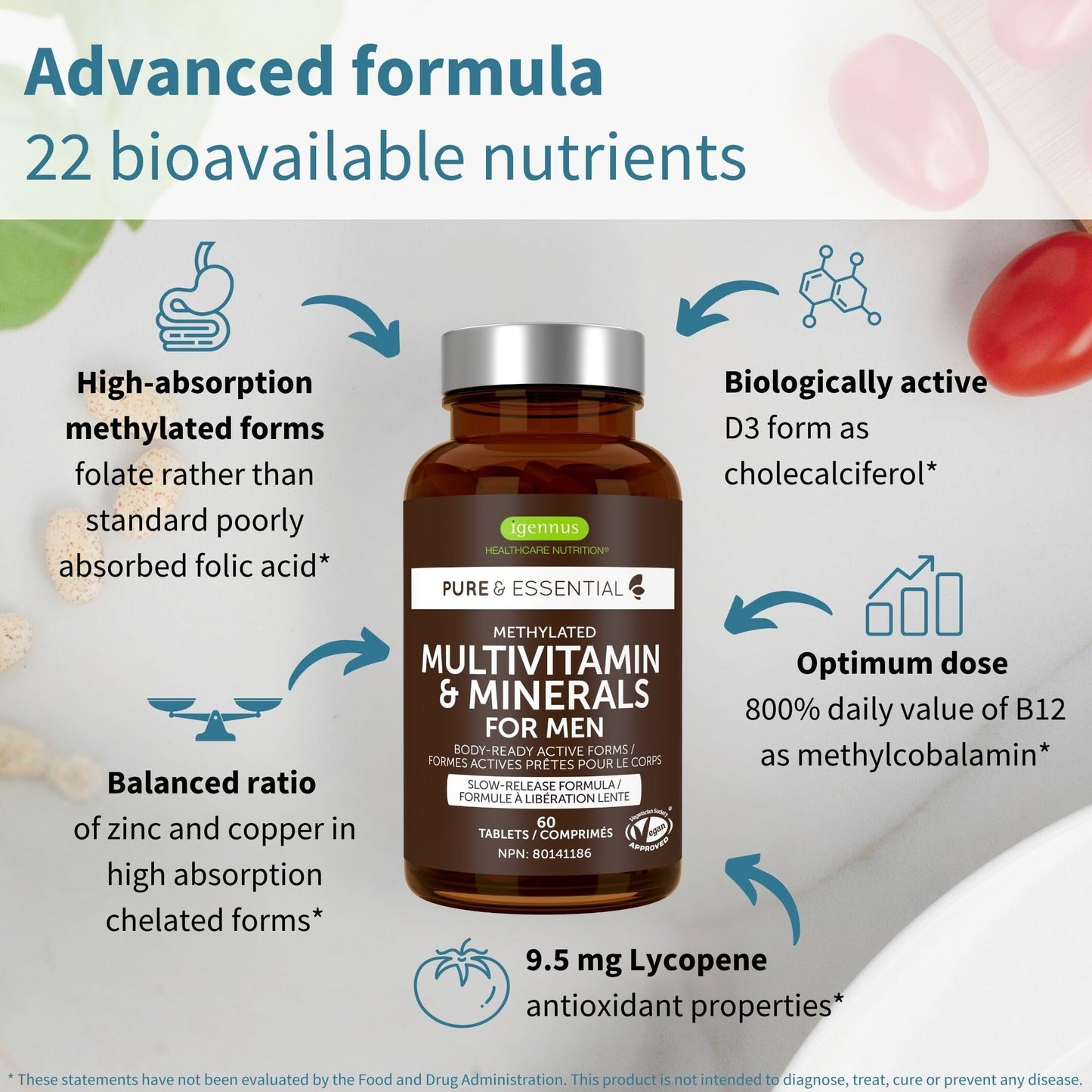Igennus Methylated Men's Multivitamin – 60 Tablets | 22 Active Nutrients | Methylfolate & Methylcobalamin | Non-GMO & Halal