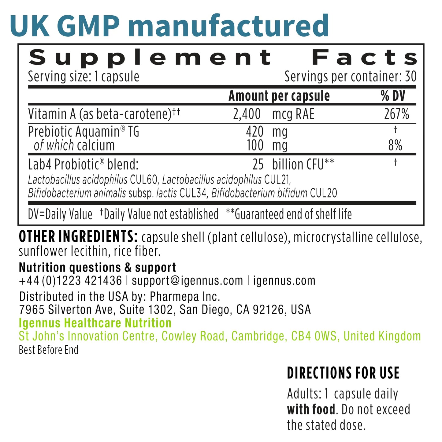 Igennus Probiotics & Prebiotic Lab4 – 25B CFU Gut Health, 30 Capsules