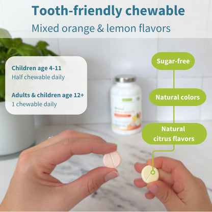 Igennus Gentle Buffered Vitamin C Chewable 500mg — Kids & Adults | Dual-Form Absorption | Sugar-Free Orange & Lemon