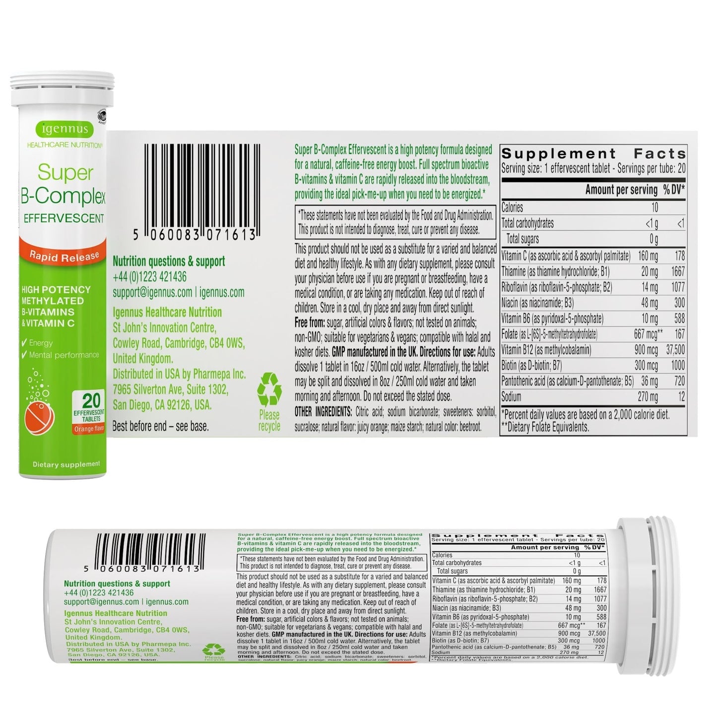Igennus Super B-Complex – Methylated Liquid B-Vitamins, Orange, Vegan (20 Tablets)
