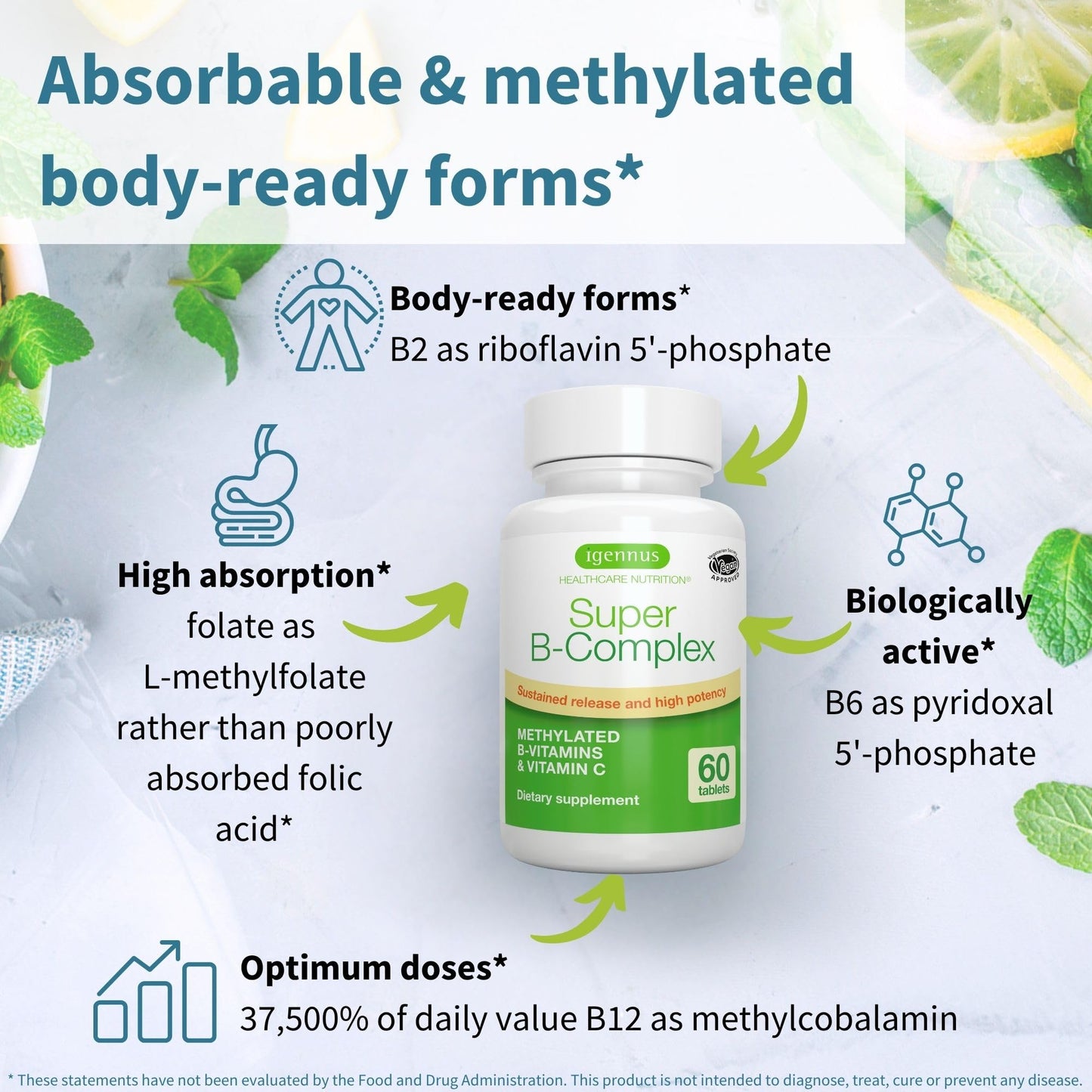 Igennus Super B-Complex – Methylated B Vitamins (MTHFR) | 60 Small Tablets | Vegan