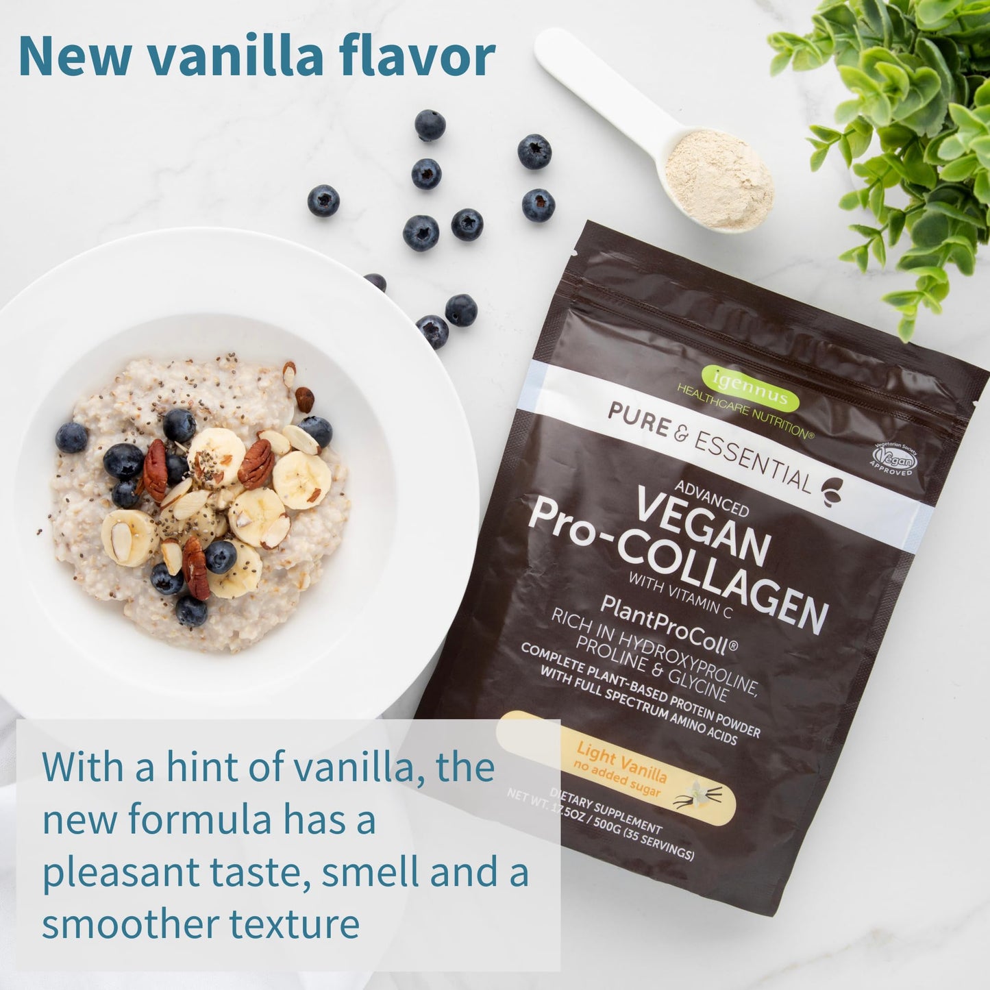 Igennus Vegan Vanilla Collagen Peptide Powder | Plant-Based & Vitamin C, 35 Servings