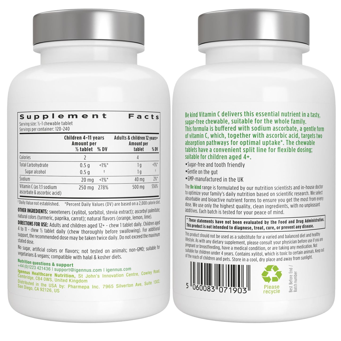 Igennus Gentle Buffered Vitamin C Chewable 500mg — Kids & Adults | Dual-Form Absorption | Sugar-Free Orange & Lemon
