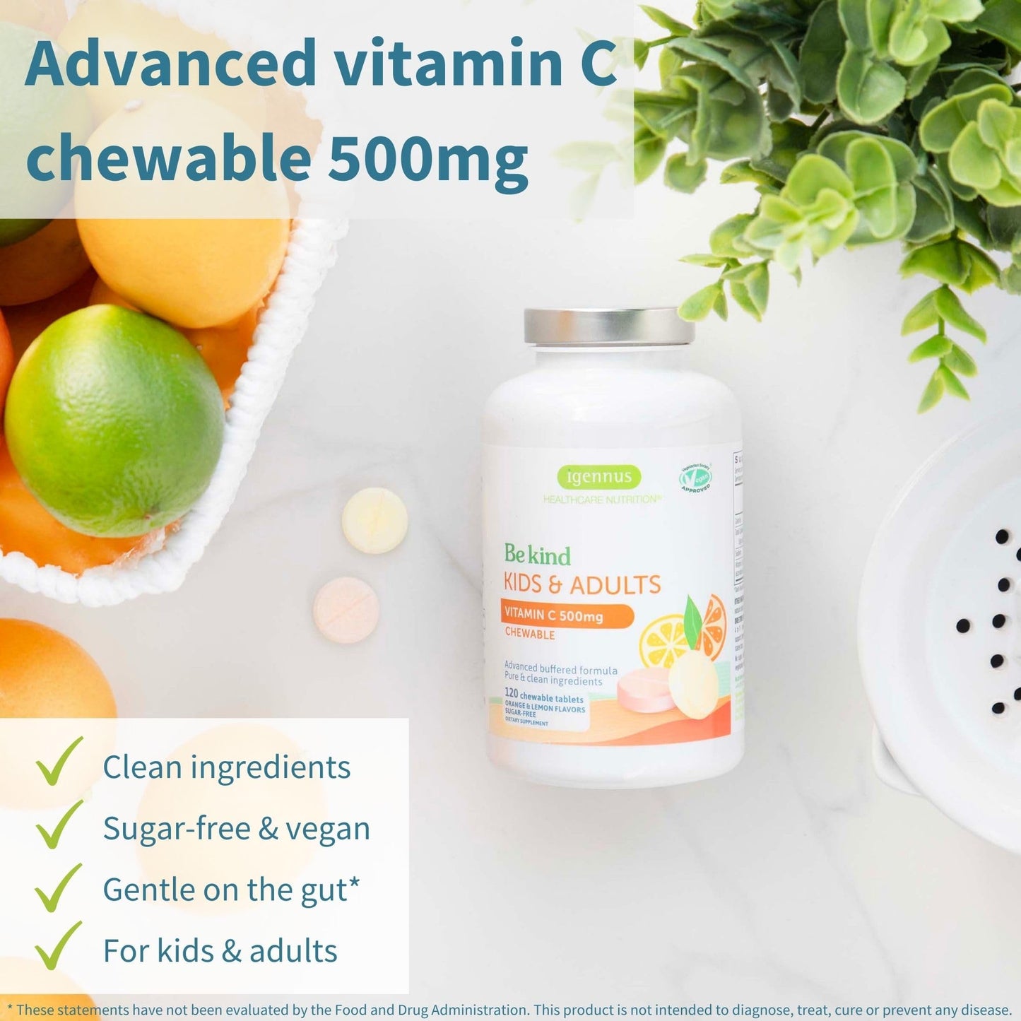 Igennus Gentle Buffered Vitamin C Chewable 500mg — Kids & Adults | Dual-Form Absorption | Sugar-Free Orange & Lemon