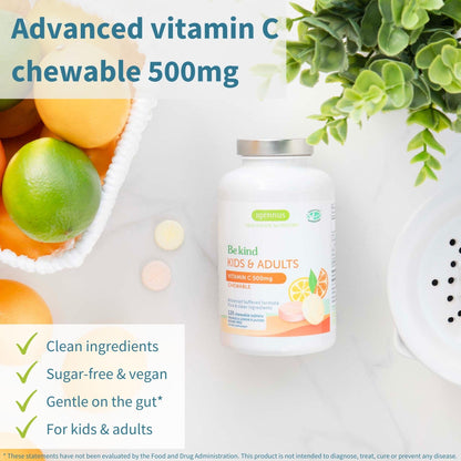 Igennus Gentle Buffered Vitamin C Chewable 500mg — Kids & Adults | Dual-Form Absorption | Sugar-Free Orange & Lemon