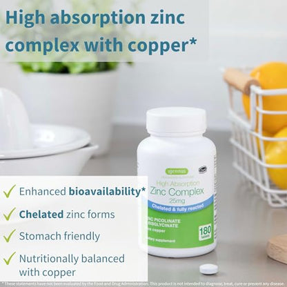 Igennus Clean Chelated Zinc 25mg with Copper, Picolinate & Bisglycinate – 180 Tablets (6 Month) | Immune Support & Skin