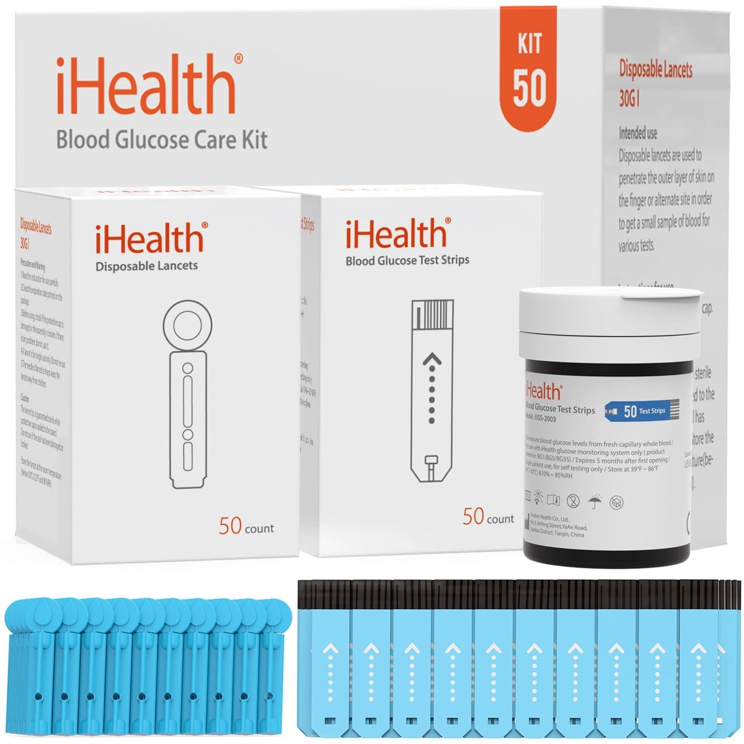 iHealth Blood Glucose Strips & Lancets – 50 Count, Compatible with iHealth Meters