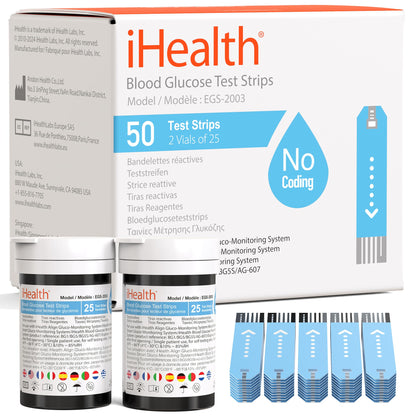 iHealth Blood Glucose Test Strips (50 Count) – No Coding, FSA Eligible
