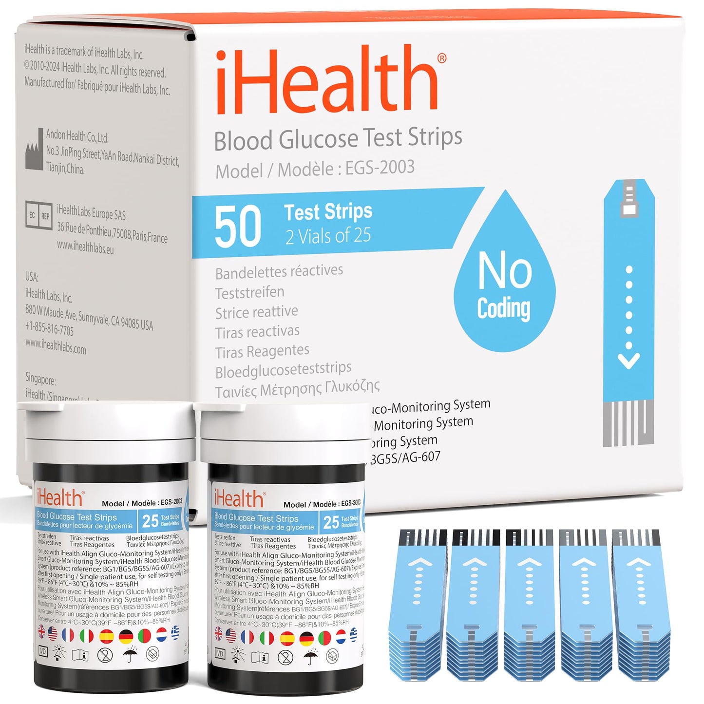 iHealth Blood Glucose Test Strips (50 Count) – No Coding, FSA Eligible